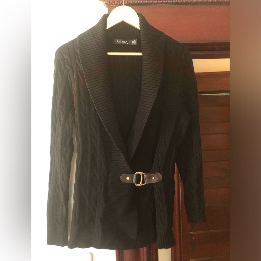 Lauren Ralph Lauren Cotton Black Cable Knit Cardigan with Belt buckle